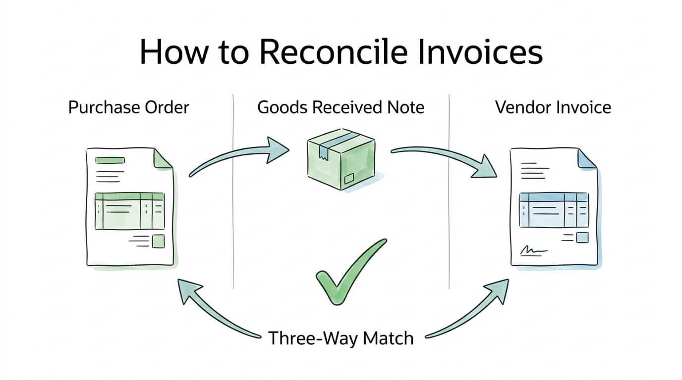 Invoice reconciliation three-way match diagram showing purchase order, goods received note, and vendor invoice comparison process.