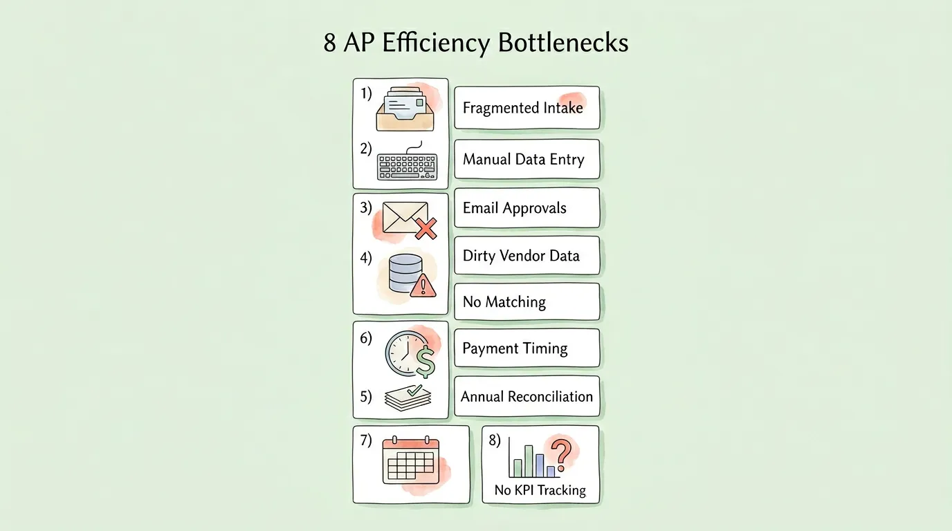 Accounts payable efficiency: 8 bottlenecks diagram showing fragmented intake, manual entry, email approvals, poor vendor data, missing matching, payment timing, annual reconciliation, and no KPIs.