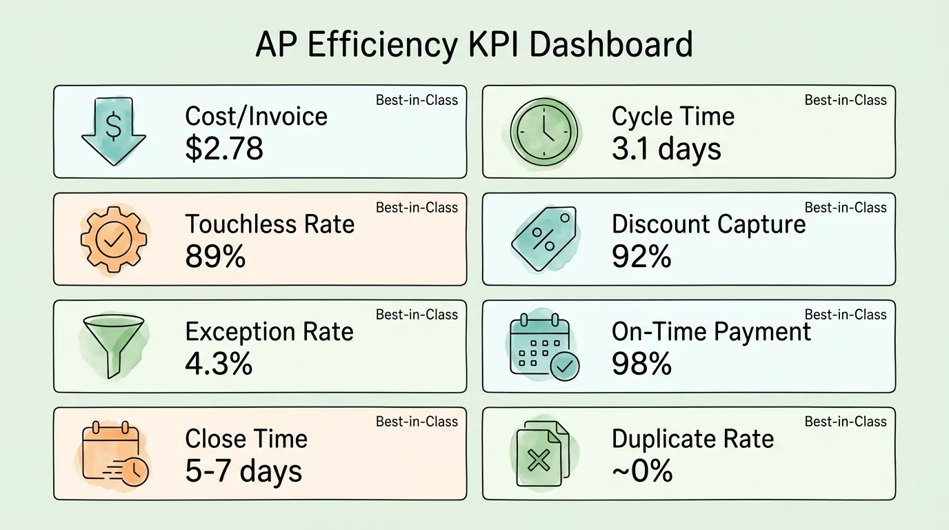 Accounts payable efficiency KPI benchmarks: cost per invoice, cycle time, touchless rate, and discount capture rate comparing best-in-class vs industry average.