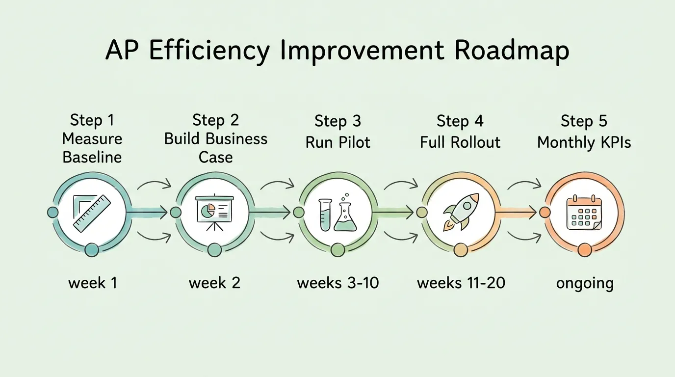 Accounts payable efficiency improvement roadmap: 5-phase implementation from baseline measurement through full rollout and ongoing KPI monitoring.