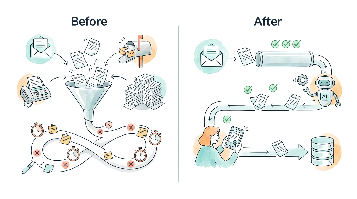 Before and after comparison of an AP process: from scattered invoices and email chains to centralized intake, automated matching, and real-time approval dashboards.