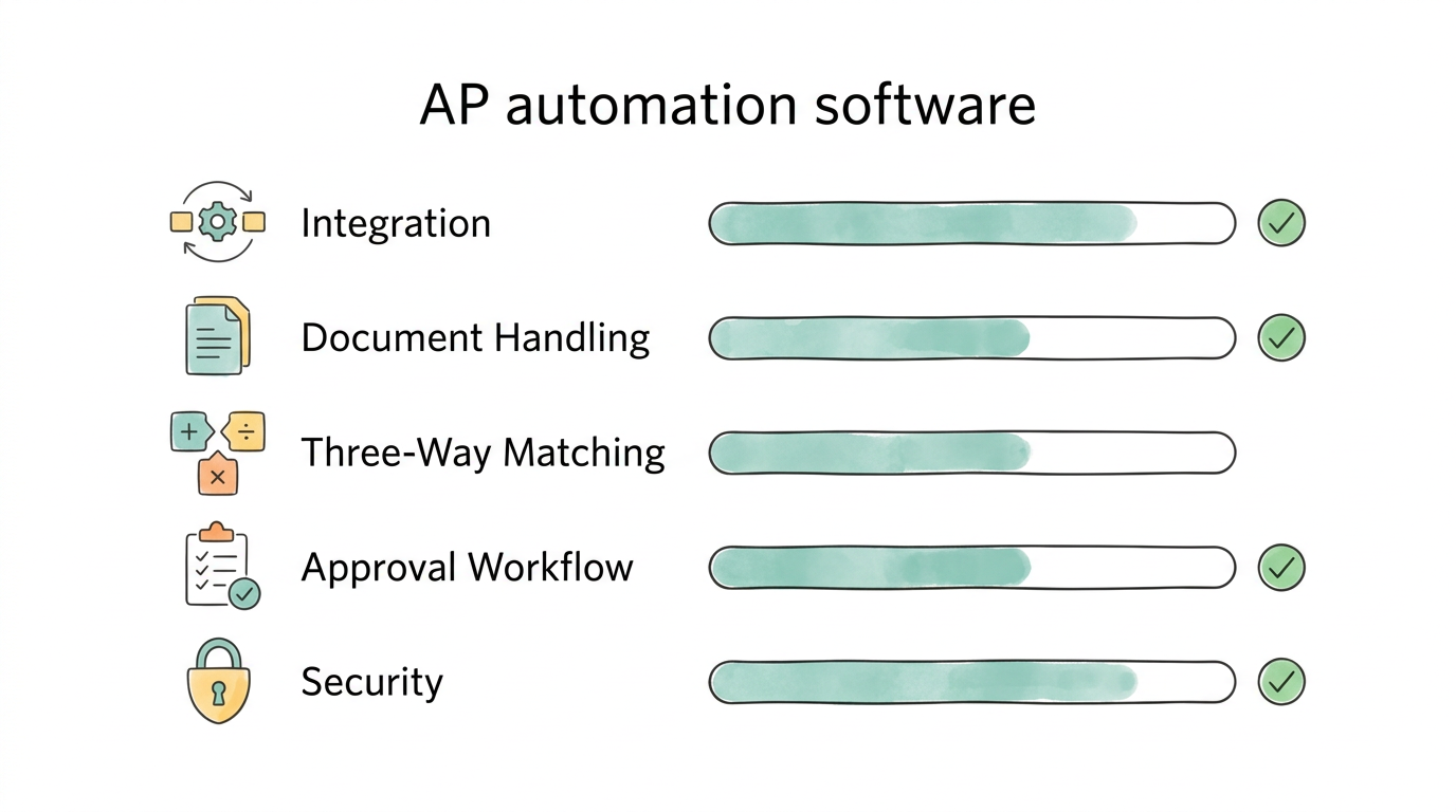 Evaluation scorecard for AP automation software covering integration, document handling, approval workflows, security, and setup speed.