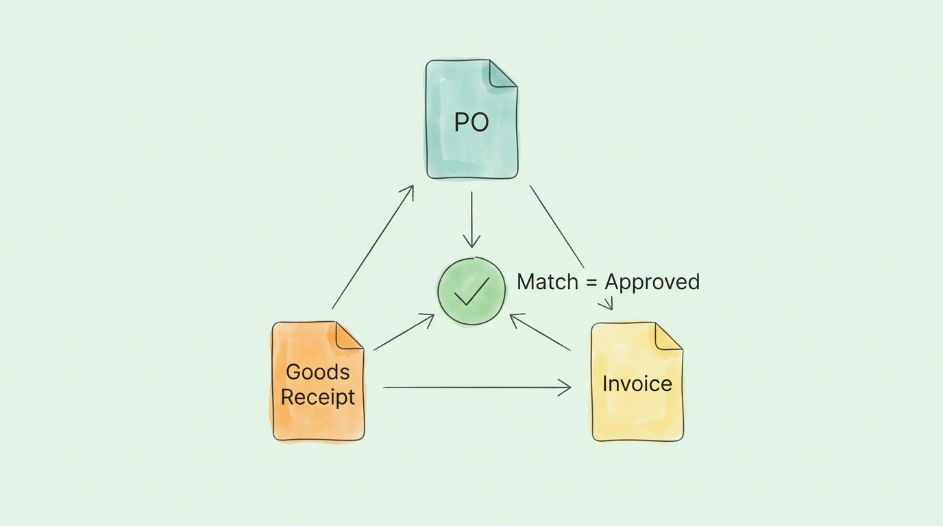 Step-by-step flow of three-way matching: purchase order, goods receipt, and invoice compared automatically before payment is approved.