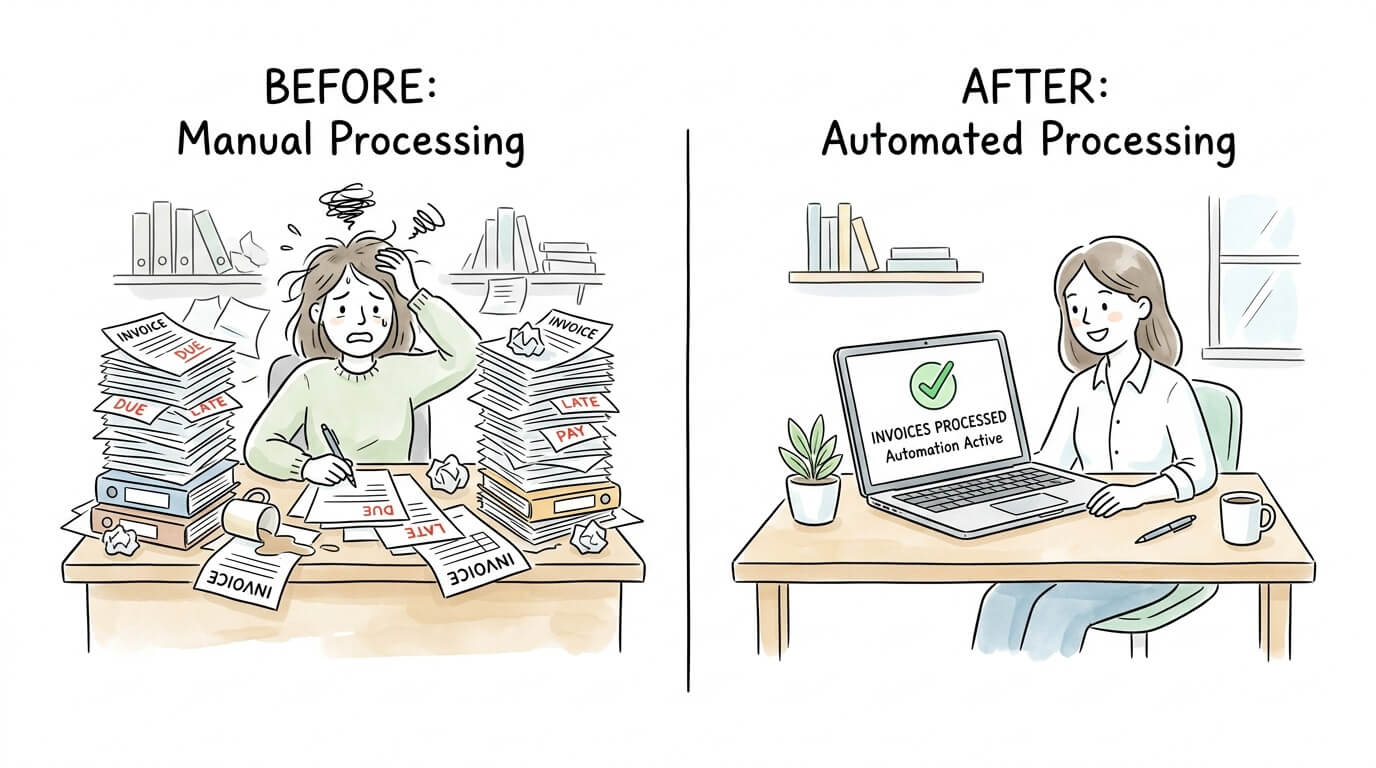 Before and after comparison showing ROI benefits of invoice approval automation for AP teams.