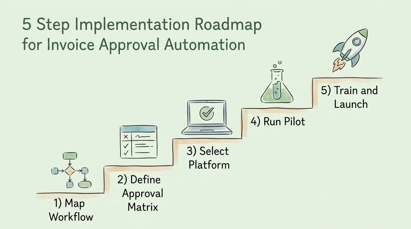 Five-step implementation roadmap for setting up invoice approval automation in a small business.