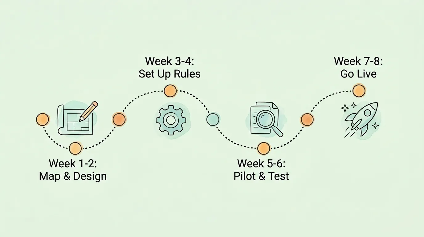 8-week implementation roadmap for invoice approval automation with four phases: Map & Design, Set Up Rules, Pilot & Test, Go Live.