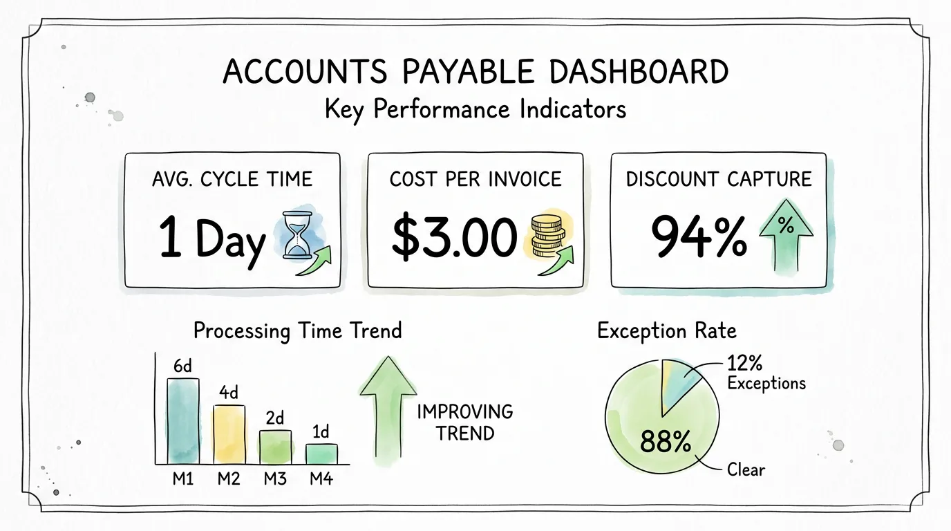 AP KPI dashboard showing cycle time, cost per invoice, and early payment discount capture rate improvements.
