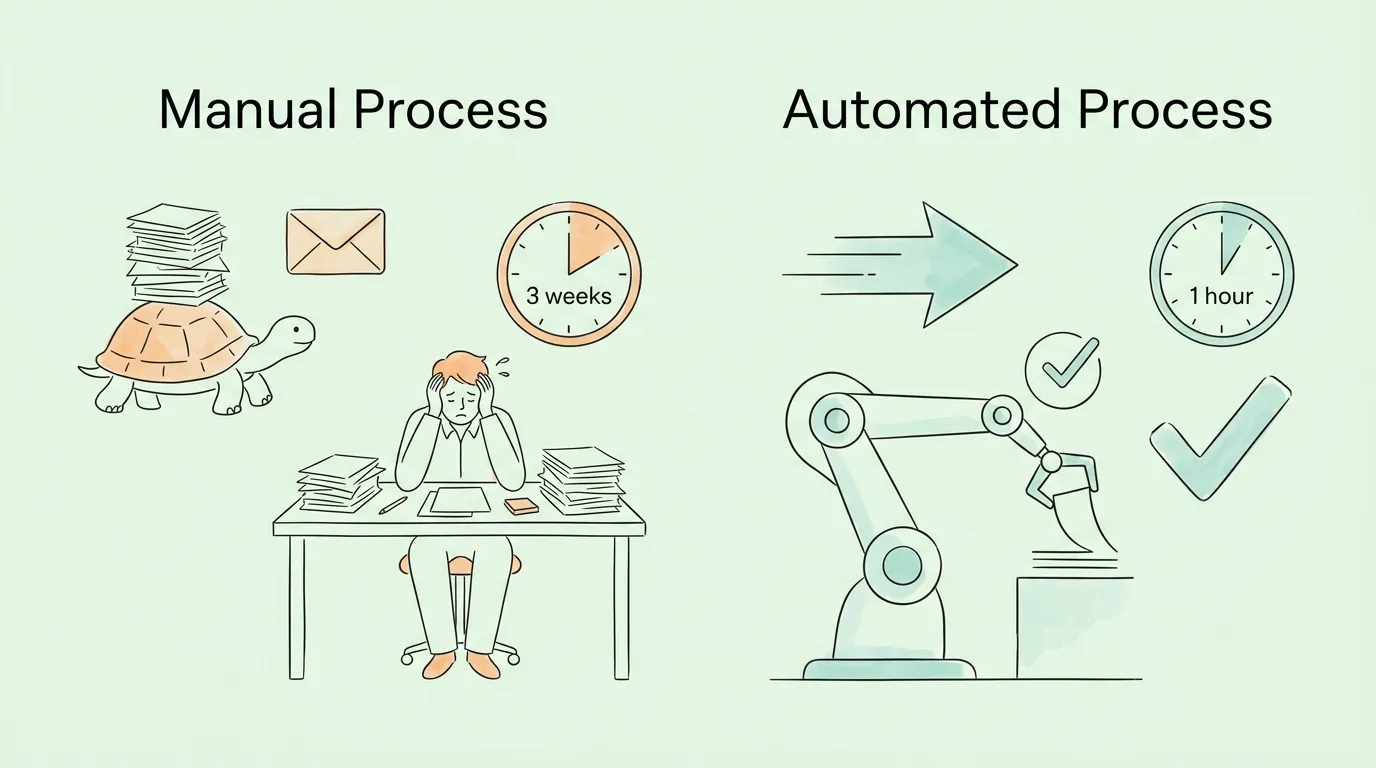 Manual vs. automated invoice processing comparison showing time, cost, and error rate differences.