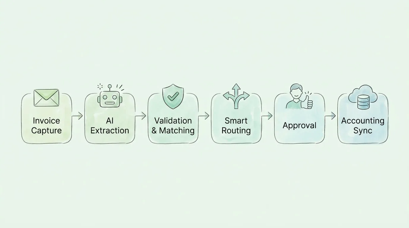 Six-stage invoice approval automation workflow from capture to accounting sync.