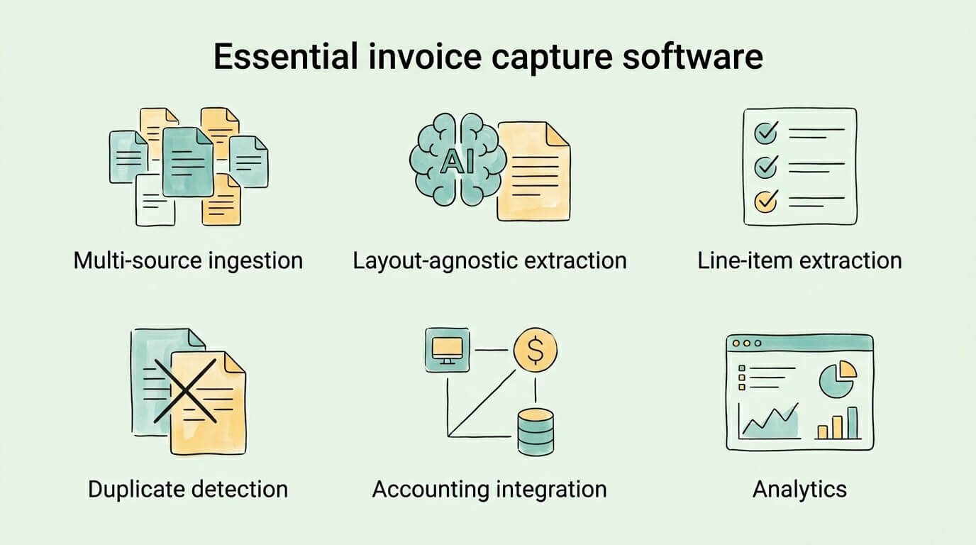Essential invoice capture software features: multi-source ingestion, layout-agnostic AI extraction, line-item extraction, duplicate detection, accounting integration, and analytics.