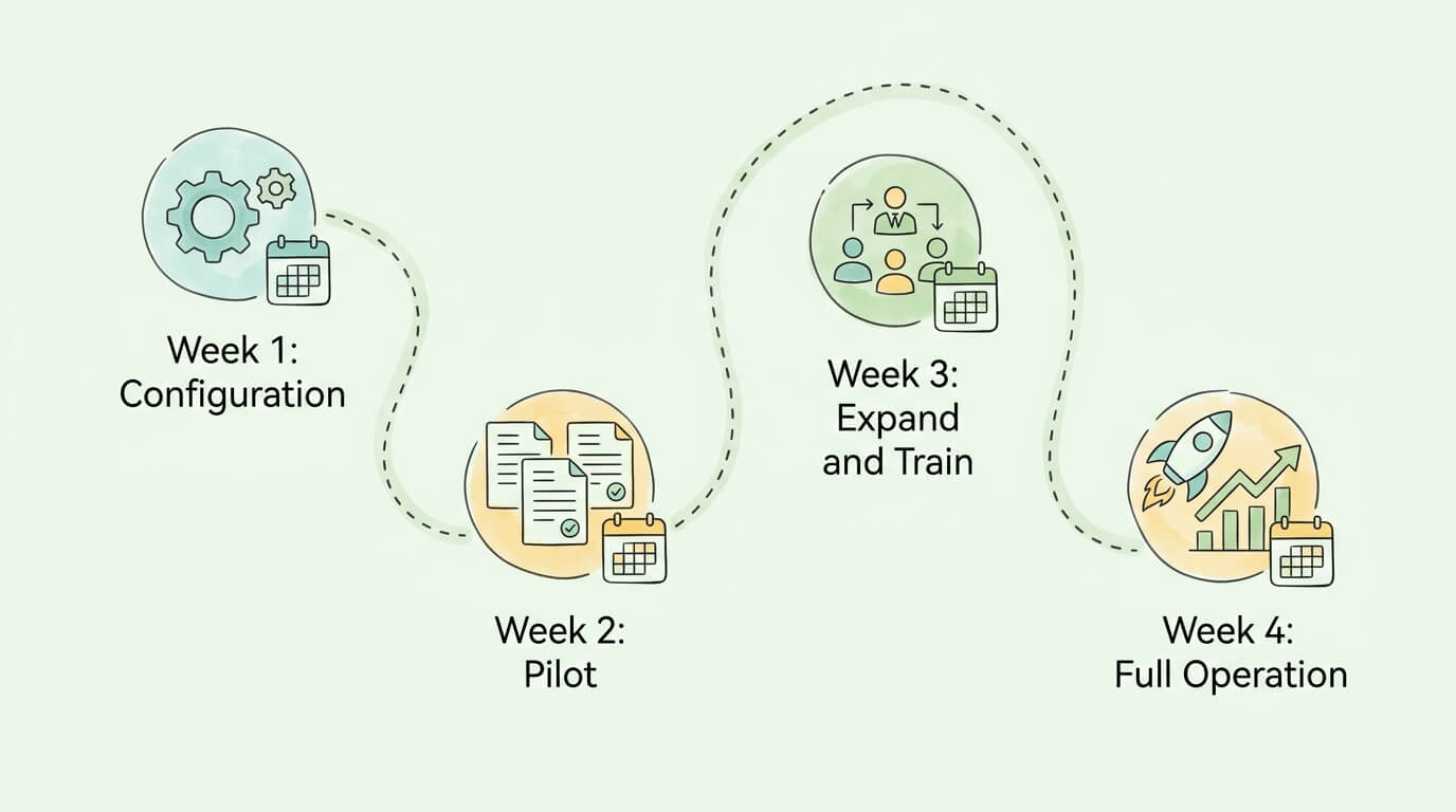 Four-week invoice capture software implementation roadmap: Week 1 configuration, Week 2 pilot, Week 3 expand and train, Week 4 full operation.