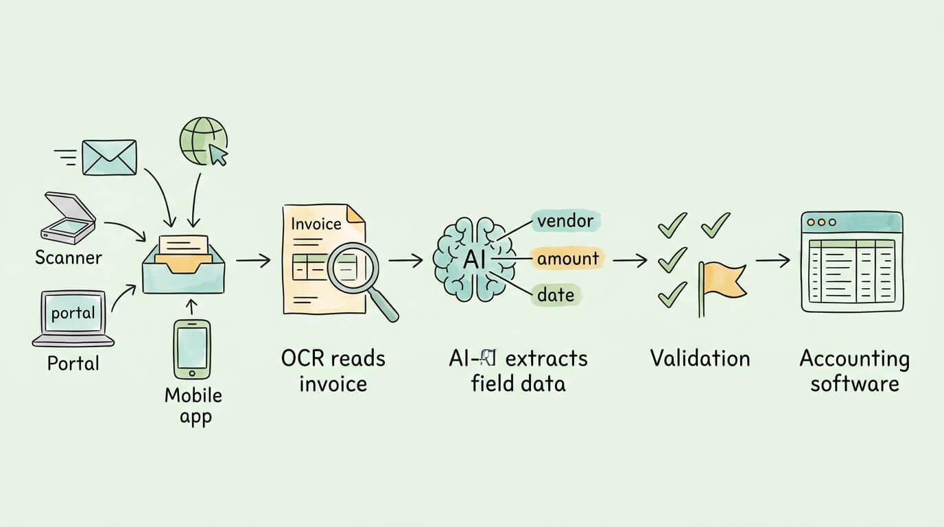 Invoice capture software five-step process from multi-source ingestion through OCR, AI field extraction, validation to accounting system posting.