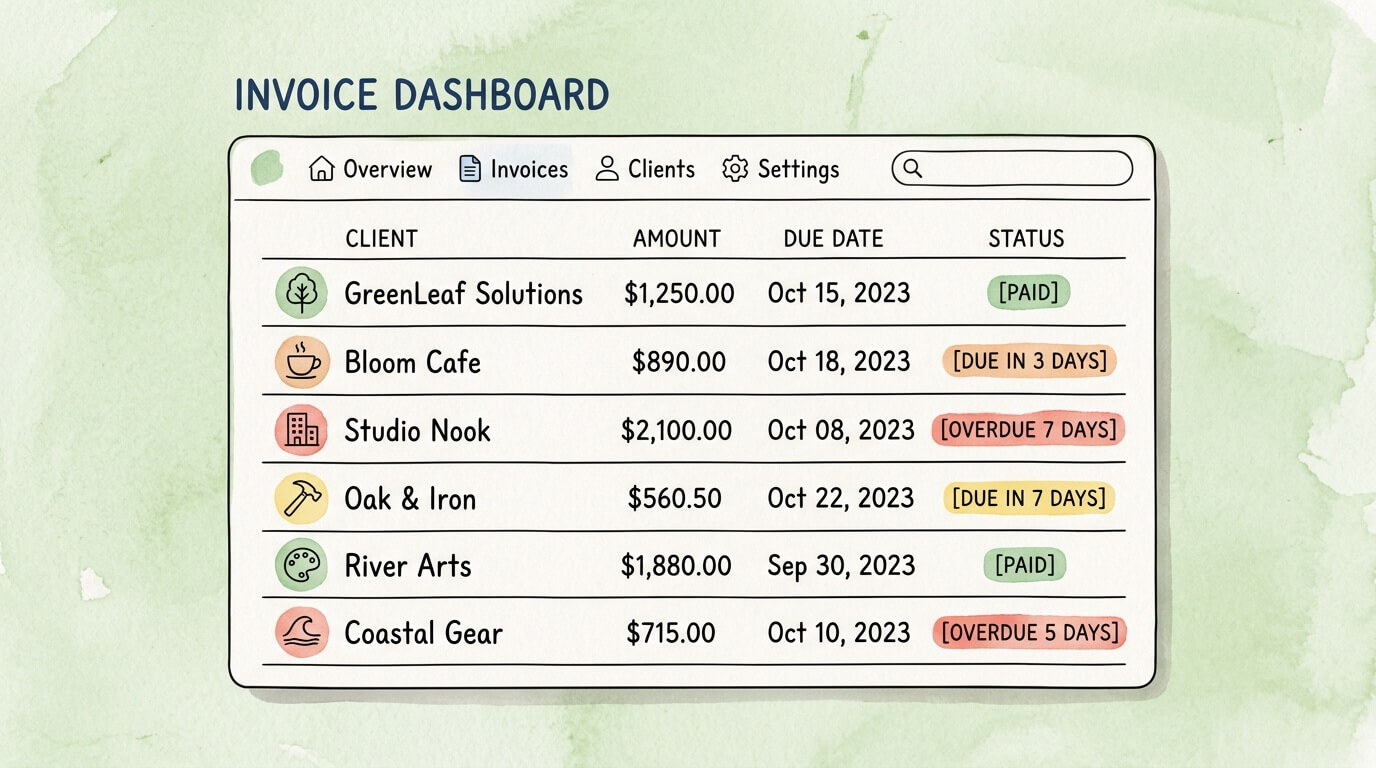 Invoice automation dashboard showing real-time status of accounts receivable to improve cash flow management.
