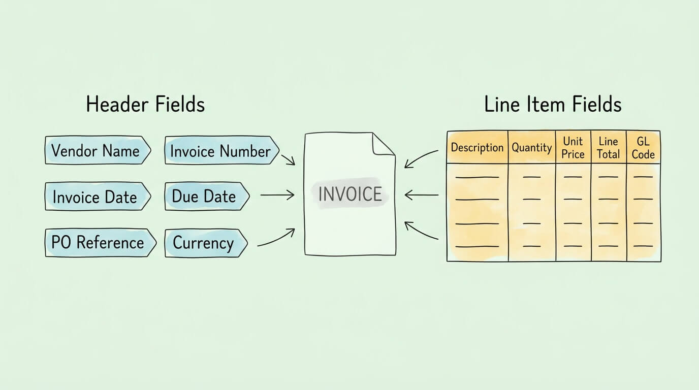 Invoice data fields diagram showing header fields (vendor name, invoice number, date, PO reference, currency) and line item fields (description, quantity, unit price, line total, GL code).