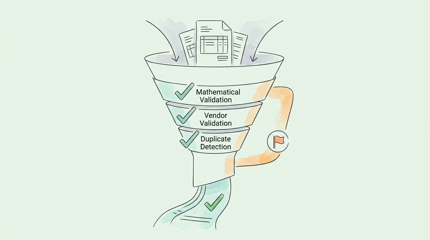 Invoice data capture validation funnel showing three-layer quality check: mathematical validation, vendor validation, and duplicate detection before data reaches the accounting system.