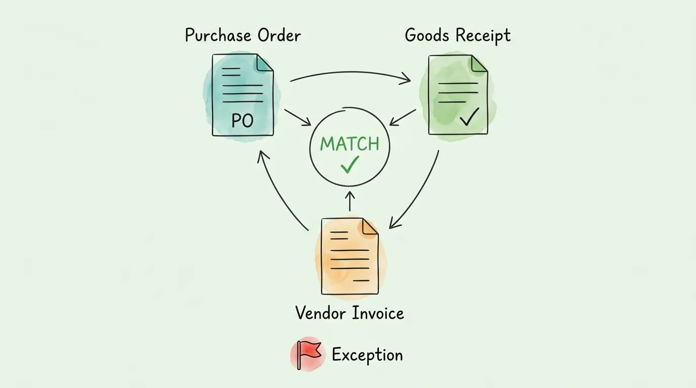 Invoice management three-way matching workflow showing purchase order, goods receipt, and vendor invoice comparison with automated exception flagging.