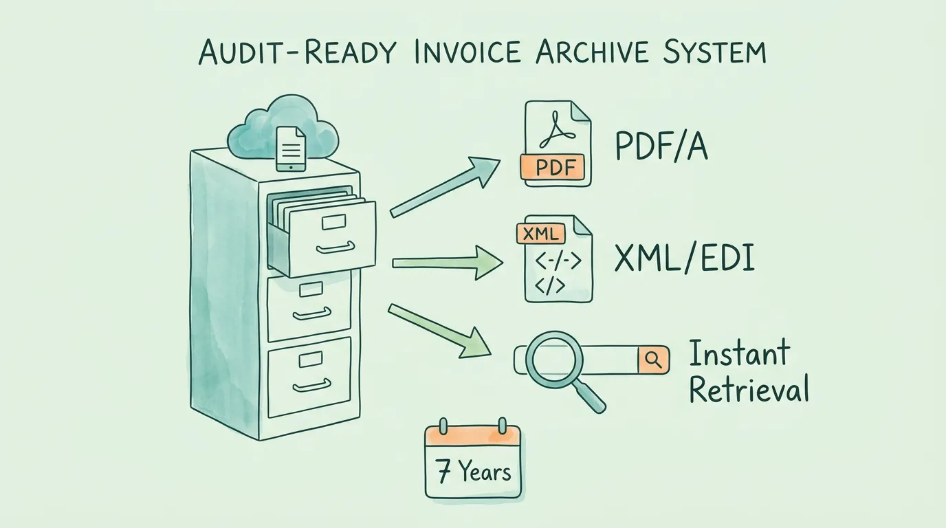 Invoice management audit-ready archive structure showing metadata fields, immutable storage, and multi-format export capability for tax compliance.