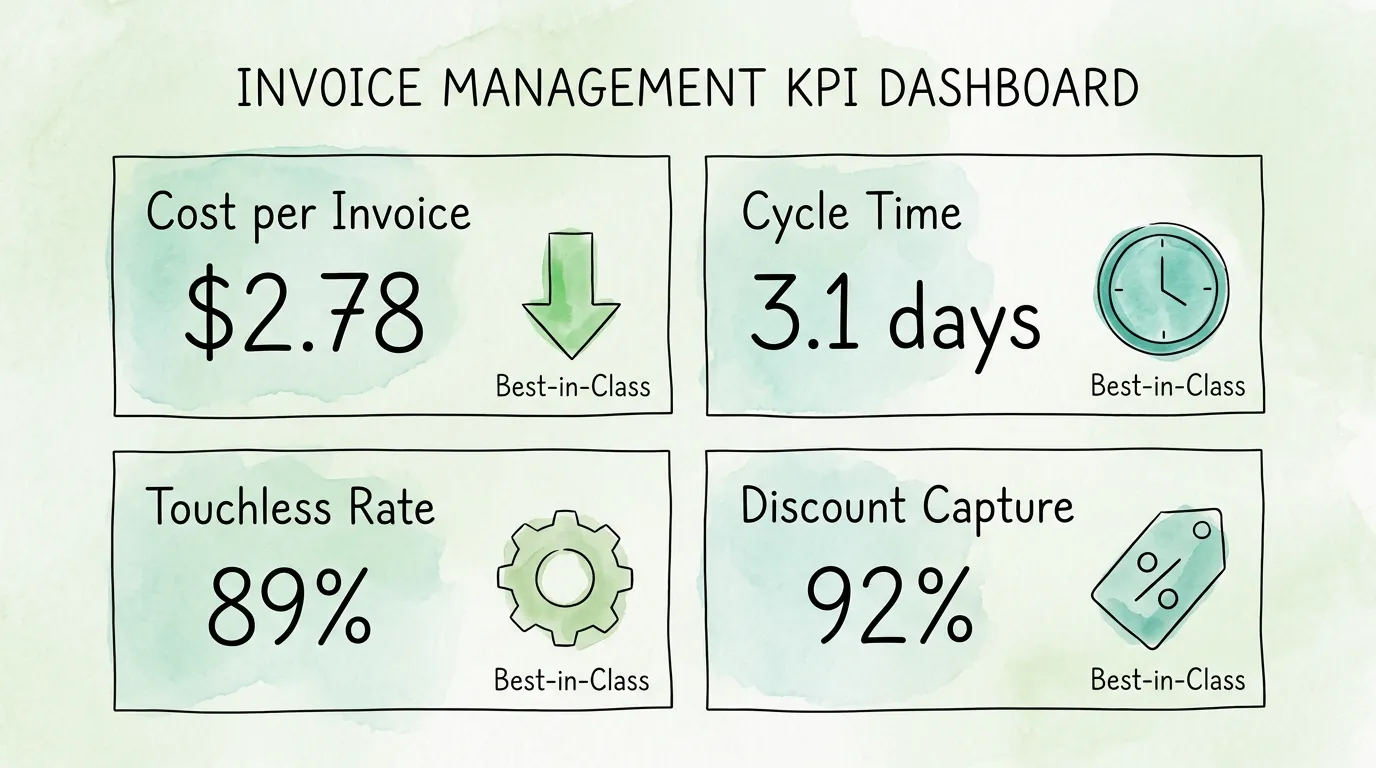 Invoice management KPI dashboard showing cost per invoice, cycle time, touchless processing rate, and early payment discount capture against industry benchmarks.