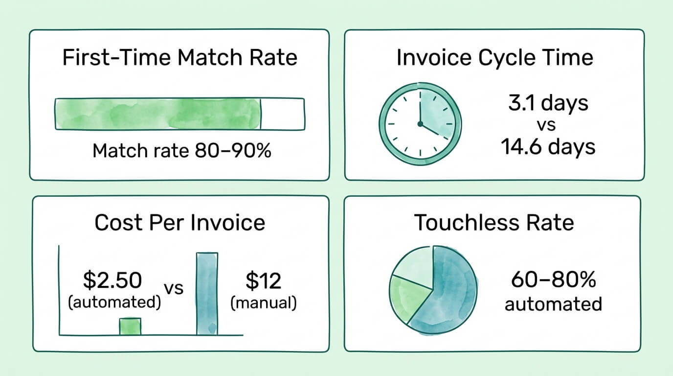 Invoice matching KPI dashboard showing key performance indicators including first-time match rate, cycle time, cost per invoice, and touchless processing rate.