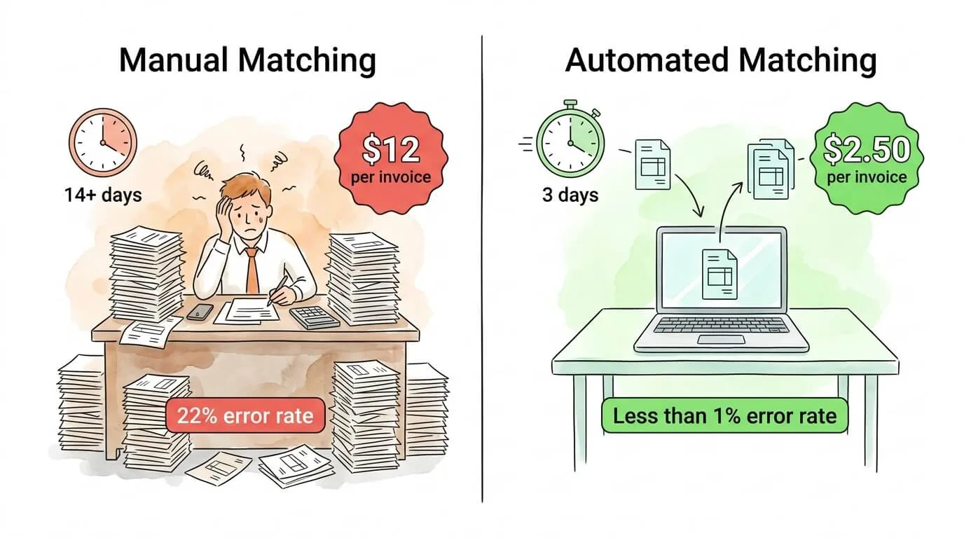 Manual versus automated invoice matching comparison showing cost per invoice, processing time, and error rate improvements.