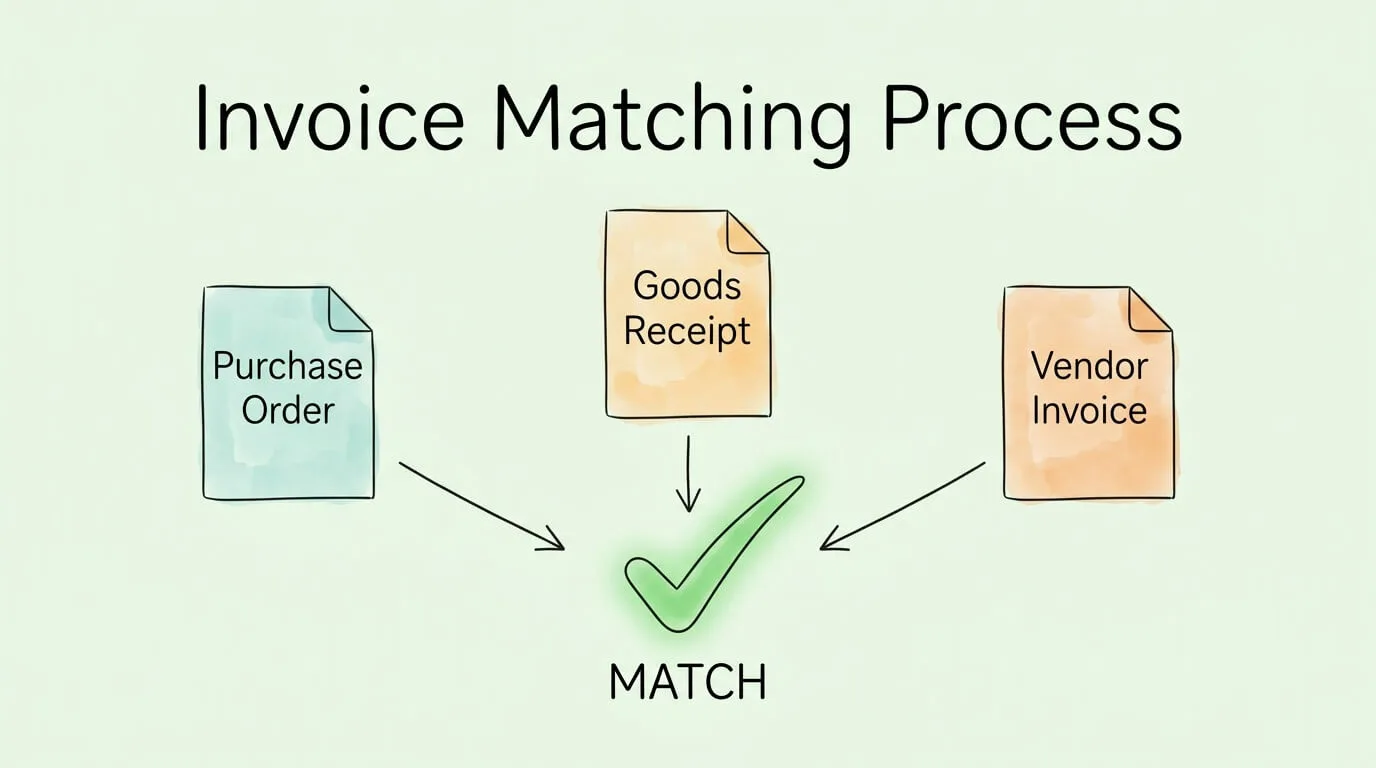 Invoice matching process diagram showing three-way match between purchase order, goods receipt, and vendor invoice.
