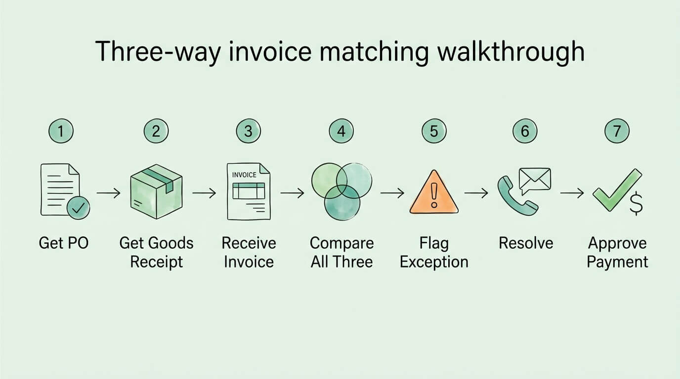 Three-way invoice matching step by step process showing seven steps from purchase order retrieval to payment approval.