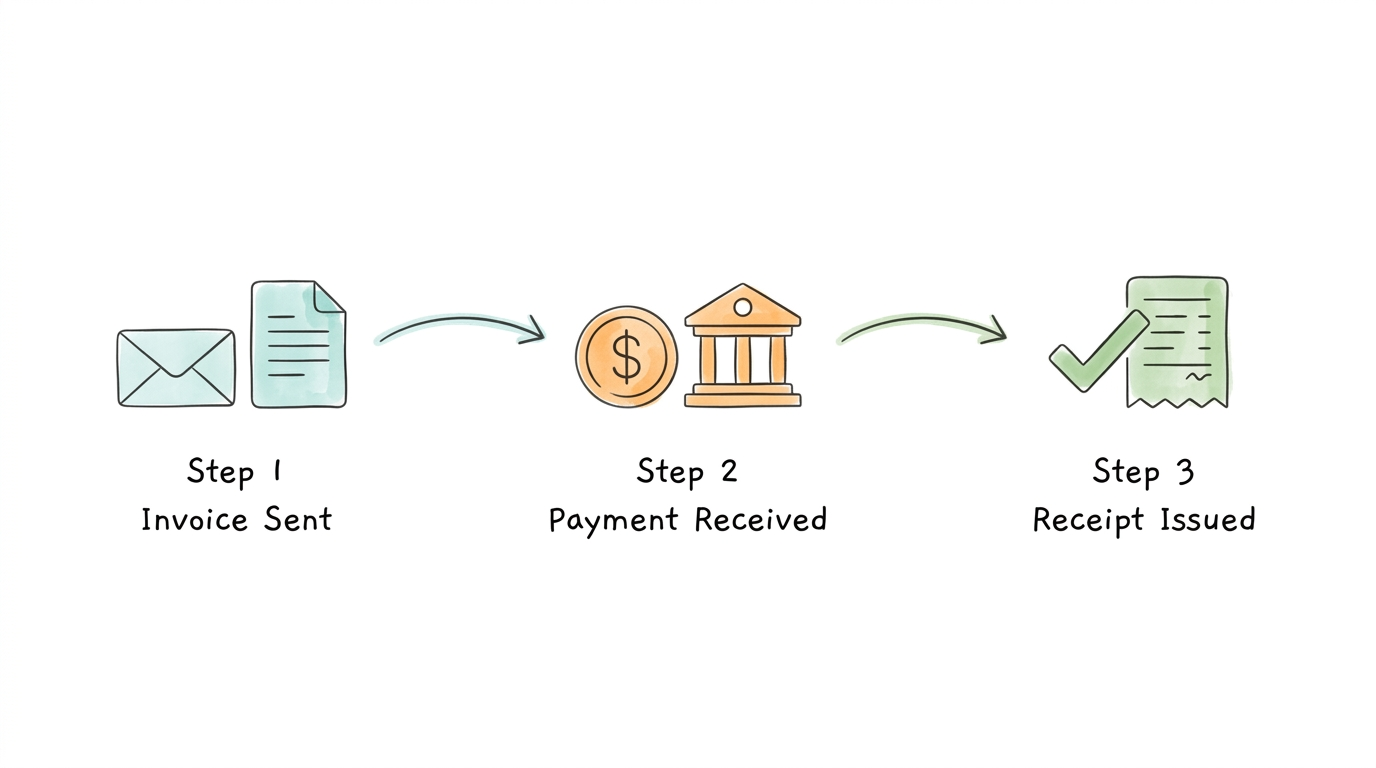 A three-step flow diagram showing the invoice-to-receipt payment lifecycle: Invoice Sent, Payment Received, Receipt Issued.