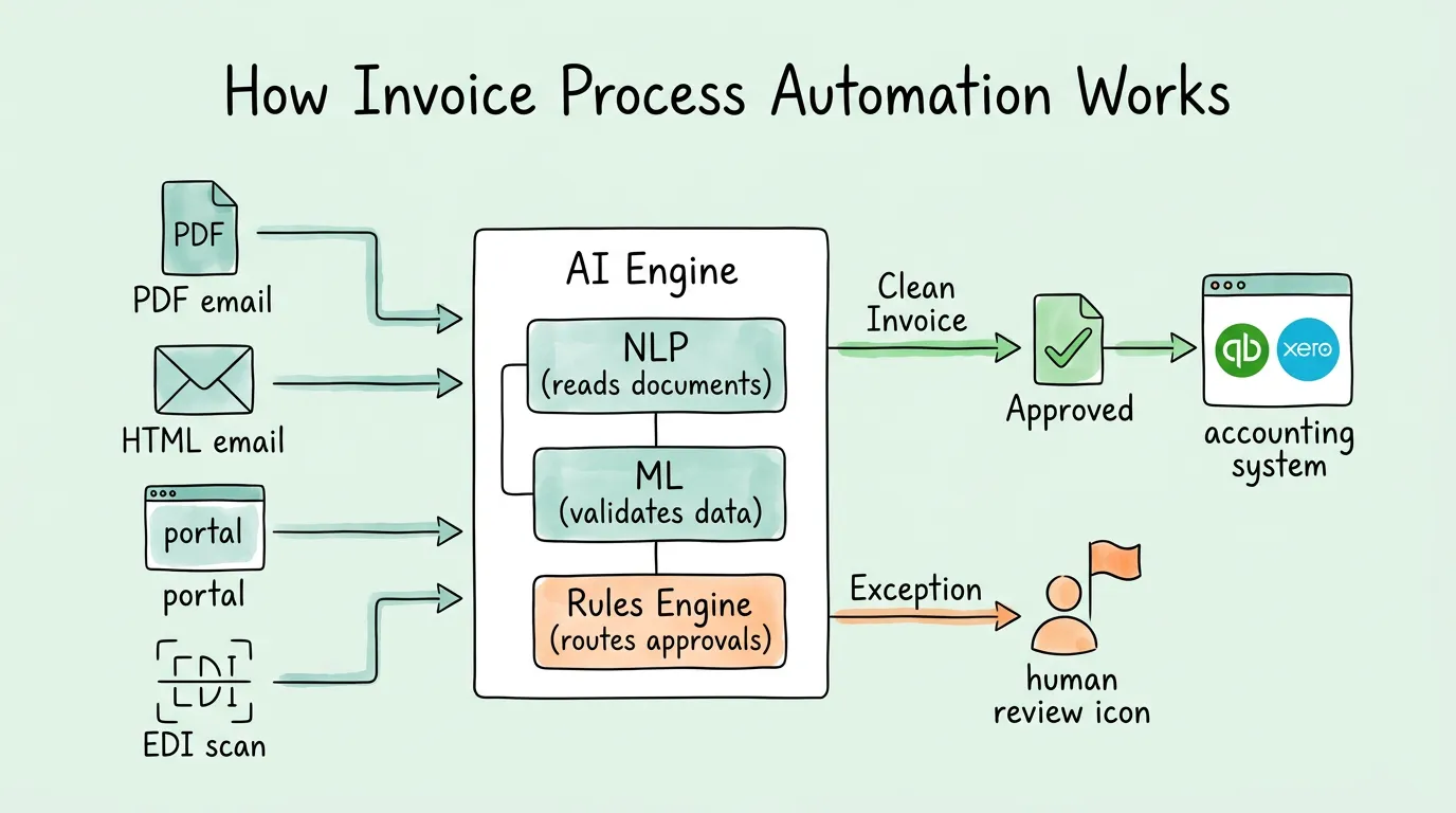 Invoice process automation technology stack: capture, extract, validate, route, and post stages with AI and workflow engine components.