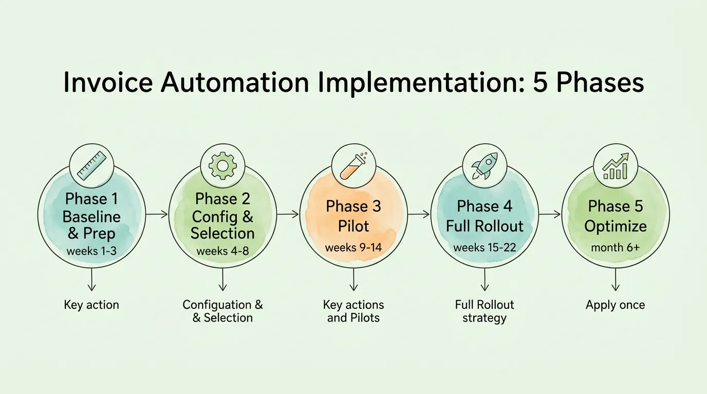 Invoice process automation implementation roadmap: 5 phases from baseline measurement through ongoing optimization with timeline and success metrics.