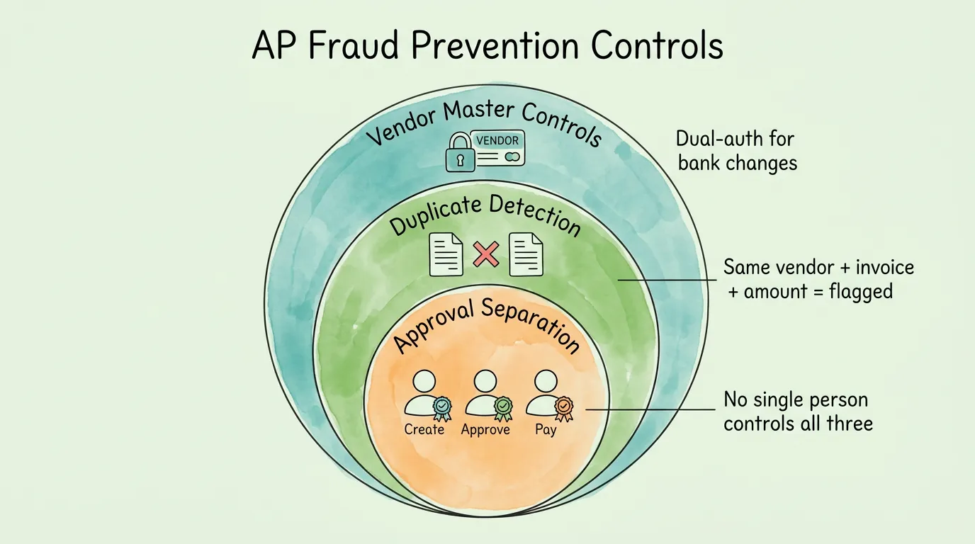 Invoice processing fraud prevention controls: vendor master security, duplicate detection, and payment authorization separation illustrated with hand-drawn icons.