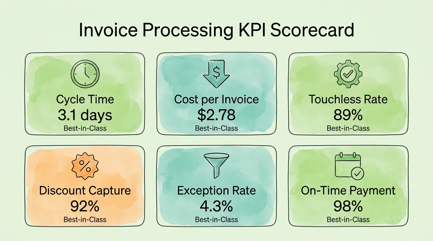 Invoice processing KPI monitoring dashboard: cost per invoice, cycle time, touchless rate, and on-time payment rate metrics shown as minimalist scorecard.