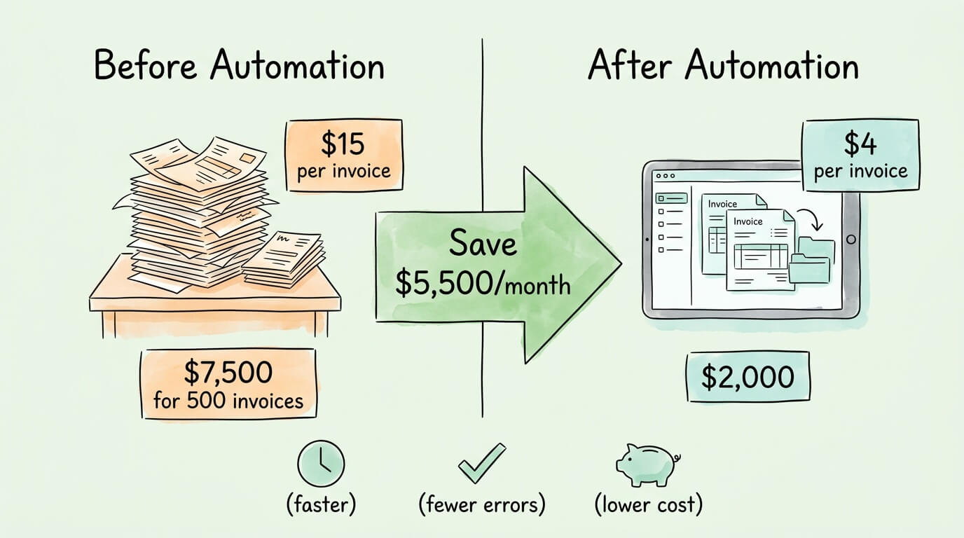 ROI comparison of invoice processing automation: before automation costs $15 per invoice totaling $7,500 per month for 500 invoices, after automation costs $4 per invoice totaling $2,000, saving $5,500 per month.
