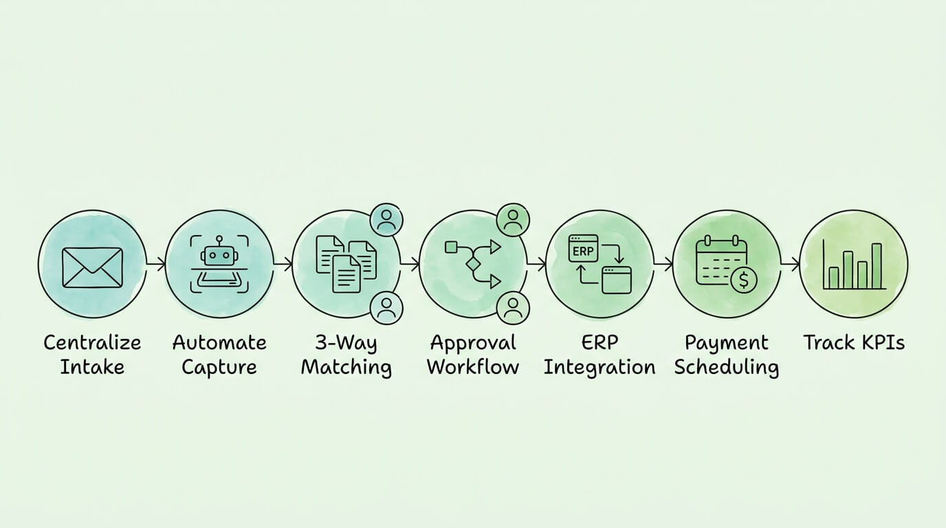 Seven-step streamlined invoice processing workflow: Centralize Intake, Automate Capture, 3-Way Matching, Approval Workflow, ERP Integration, Payment Scheduling, and Track KPIs, with human touchpoints only at exception handling steps.