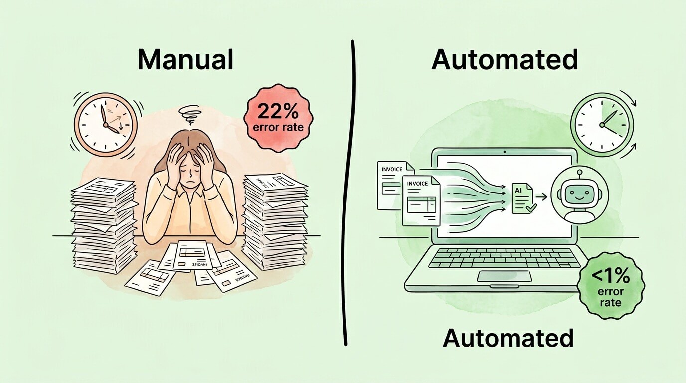 Manual vs automated invoice reconciliation comparison showing time savings, error rate reduction, and cost per invoice improvement.
