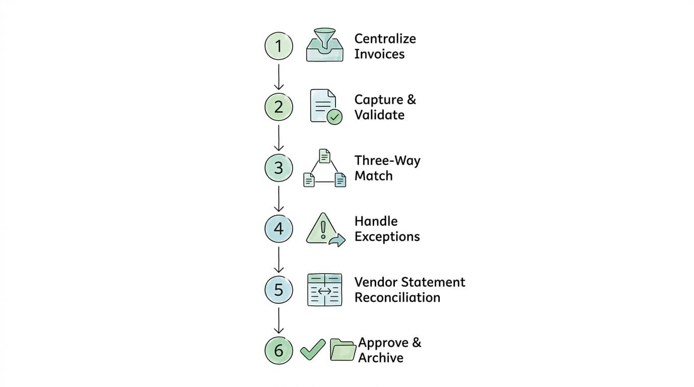 Six-step invoice reconciliation process flowchart showing complete accounts payable workflow from invoice intake to payment approval.