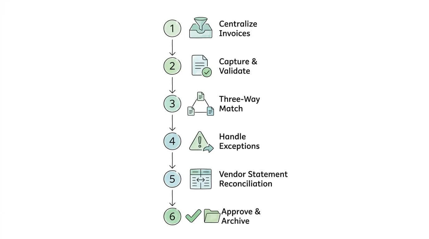 Six-step invoice reconciliation process flowchart showing complete accounts payable workflow from invoice intake to payment approval.