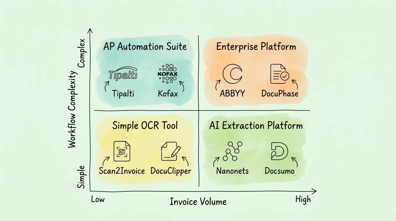 Decision matrix: choose invoice scanning software by invoice volume (x-axis) and workflow complexity (y-axis). Quadrants map to AP Automation Suite, Enterprise Platform, Simple OCR Tool, and AI Extraction Platform.