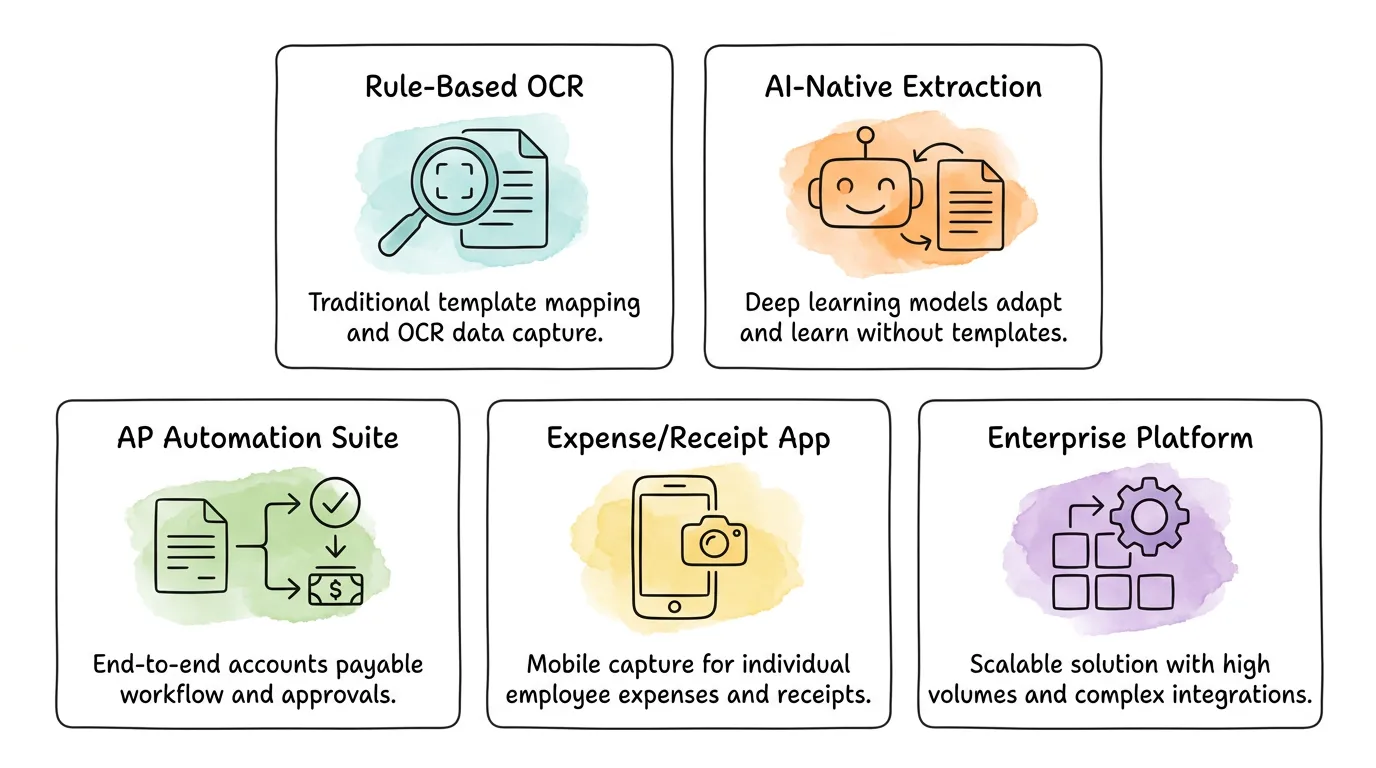 Five types of invoice scanning software: Rule-Based OCR, AI-Native Extraction, AP Automation Suite, Expense/Receipt App, Enterprise Platform.