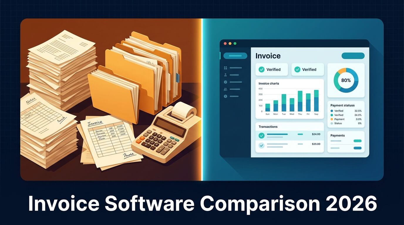 Invoice software comparison before and after: manual invoicing chaos vs automated invoice dashboard