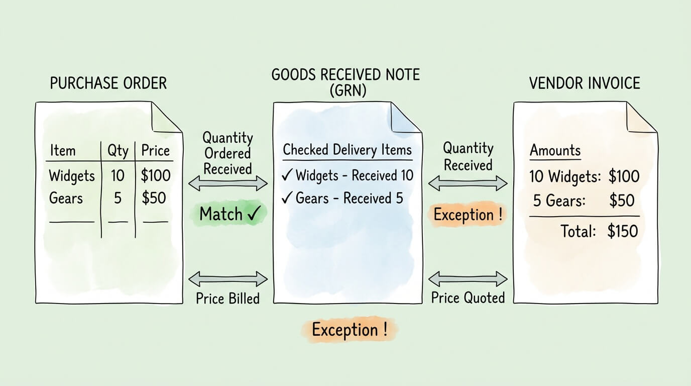 Three-way match process diagram comparing purchase order, goods received note, and vendor invoice for invoice reconciliation.