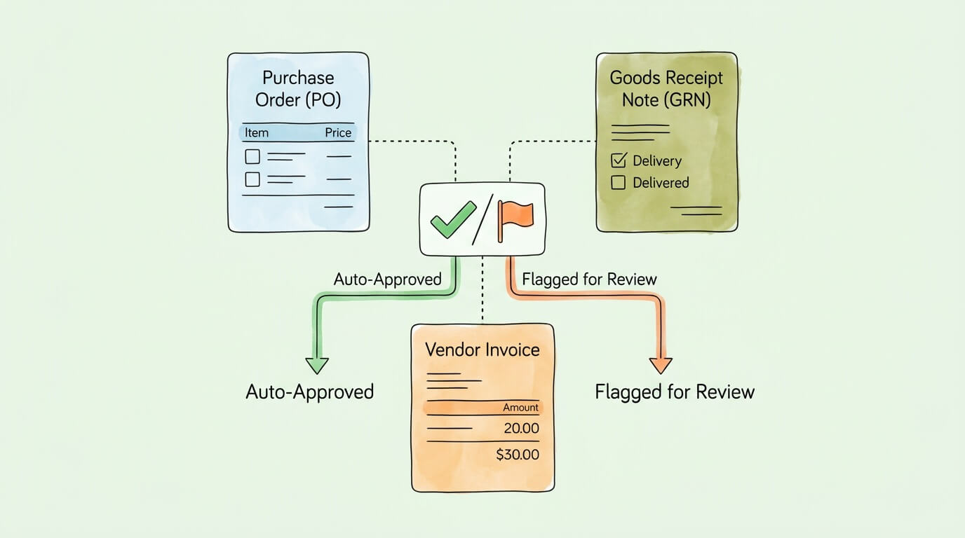 Three-way matching process diagram comparing Purchase Order, Goods Receipt Note, and Vendor Invoice, with Auto-Approved path for matches and Flagged for Review path for discrepancies.