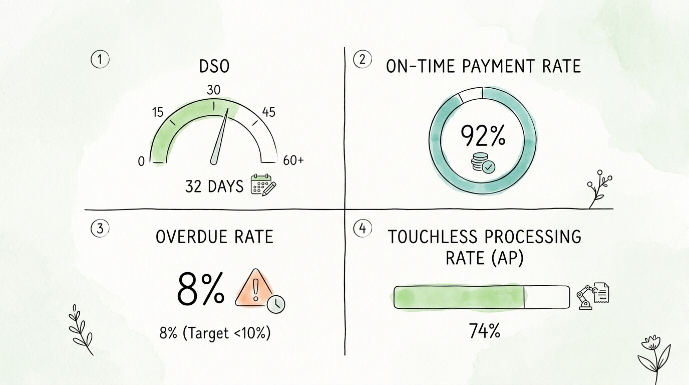Invoice tracking KPI dashboard illustrating DSO, on-time payment rate, overdue rate, and touchless processing rate as four key performance metrics.