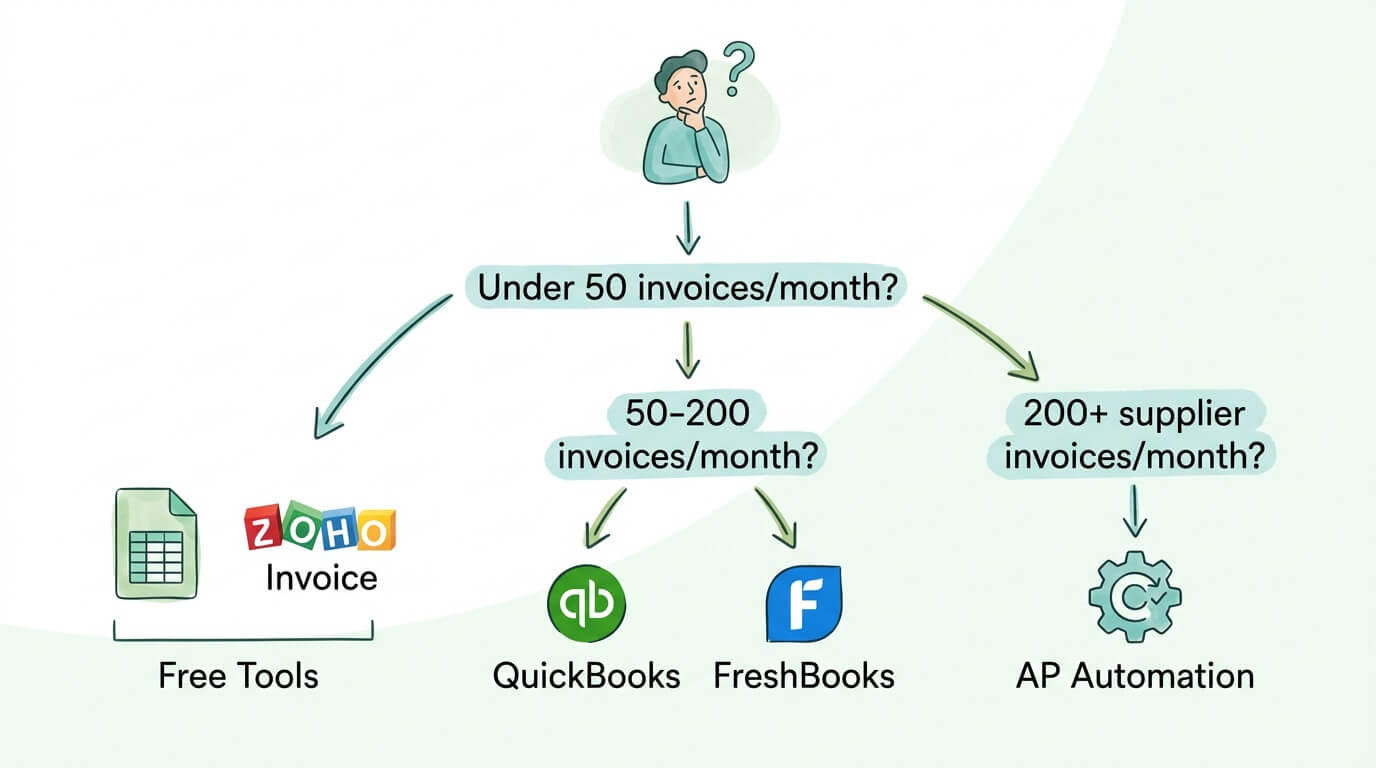 Invoice tracking method decision tree showing paths from freelancer to enterprise based on monthly invoice volume and AR vs AP split.