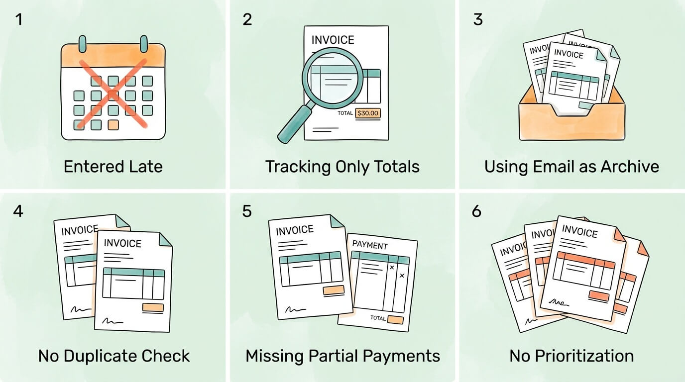 Six most common invoice tracking mistakes: late entry, tracking only totals, using email as an archive, no duplicate detection, missing partial payments, and flat prioritization of overdue invoices.