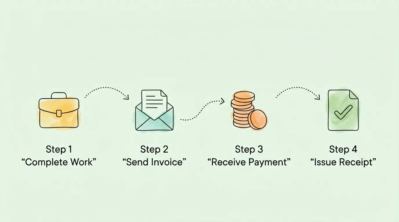 A four-step business workflow roadmap: Complete Work, Send Invoice, Receive Payment, Issue Receipt, showing when to use invoice vs receipt.