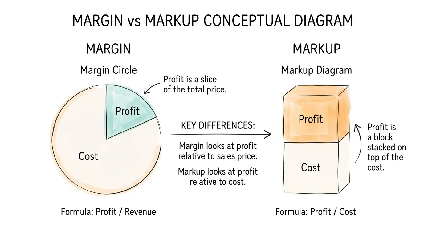 A comparison diagram showing Margin as a slice of price and Markup as an addition to cost.