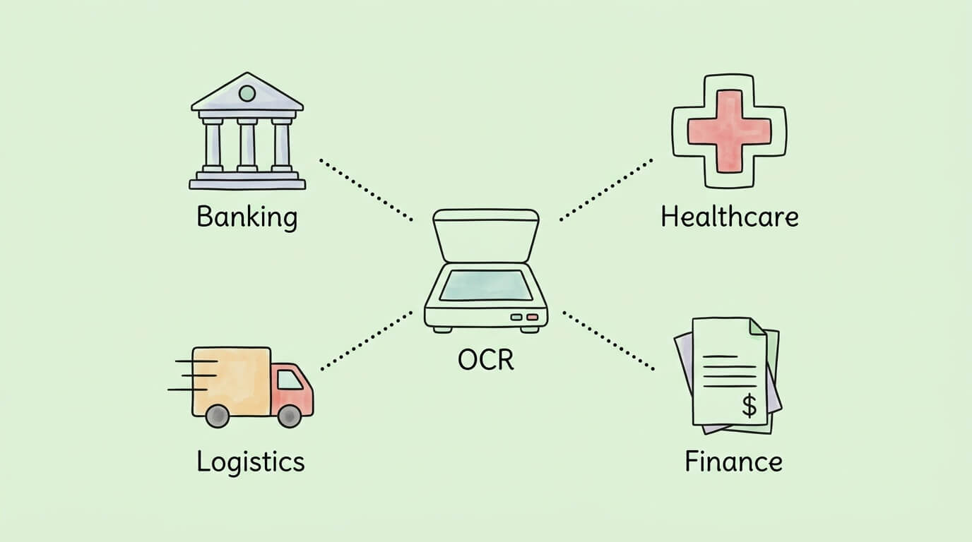 OCR technology applications across four industries: banking, healthcare, logistics, and finance, all connected to a central document scanner.