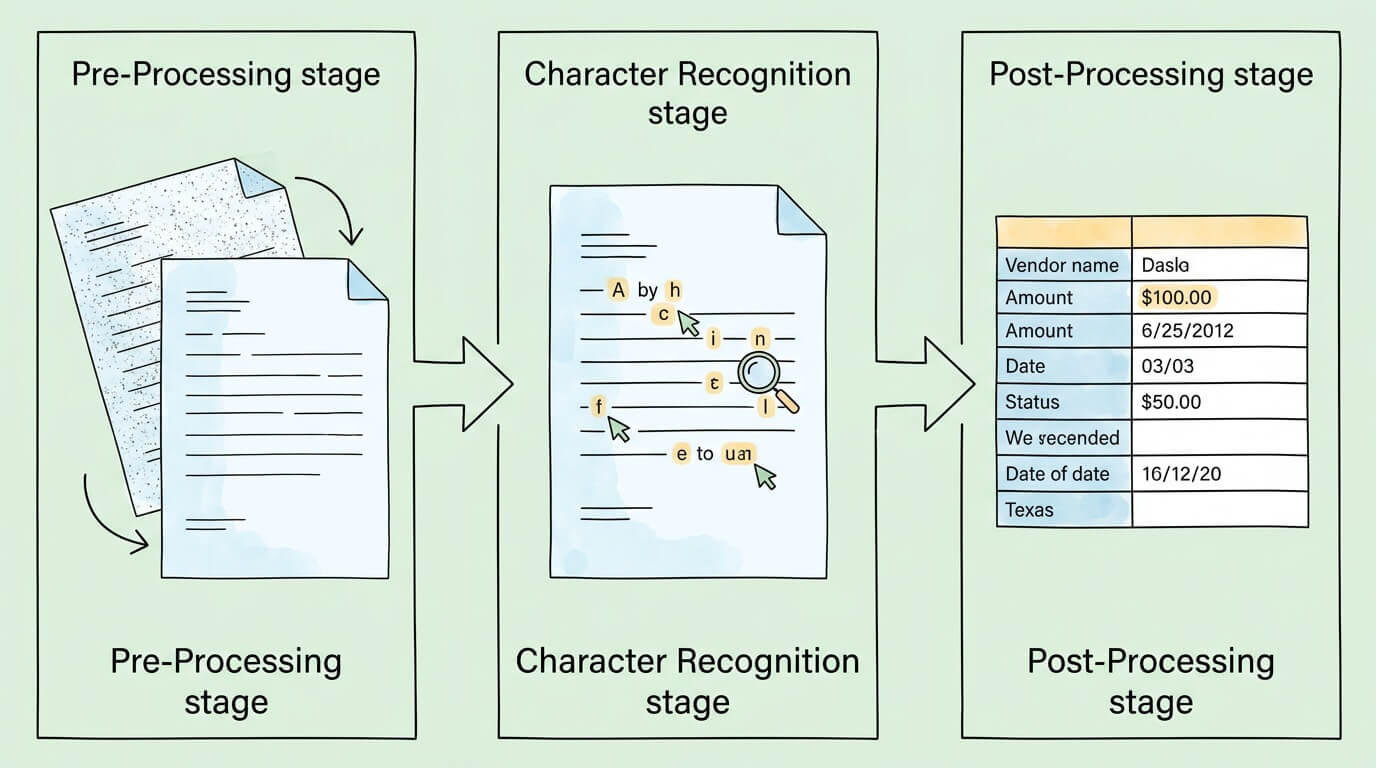 Three-stage OCR process: pre-processing cleans the document, character recognition identifies each letter, post-processing structures the data into labeled fields.