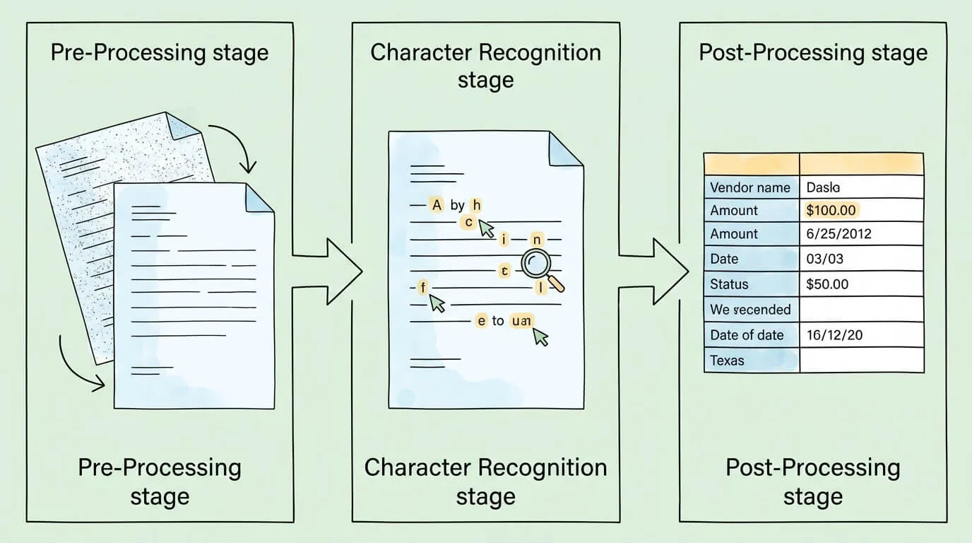Three-stage OCR process: pre-processing cleans the document, character recognition identifies each letter, post-processing structures the data into labeled fields.