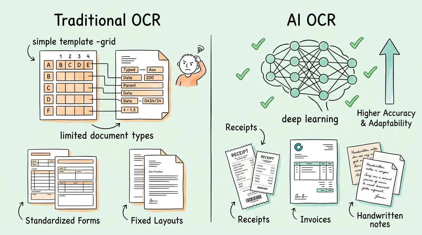 Comparison between traditional OCR using simple template matching versus AI OCR using deep learning neural networks for higher accuracy across diverse document types.